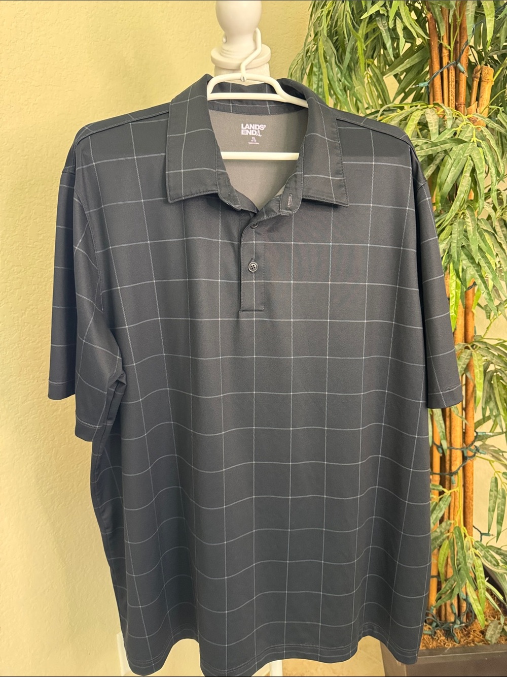 Lands' End Black Polo with White Windowpane Grid, Men's Size XL